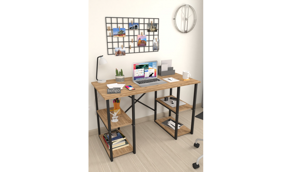 Birou cu 4 rafturi Trendy, cadru metal, 120 x 75 x 60 cm, Stejar