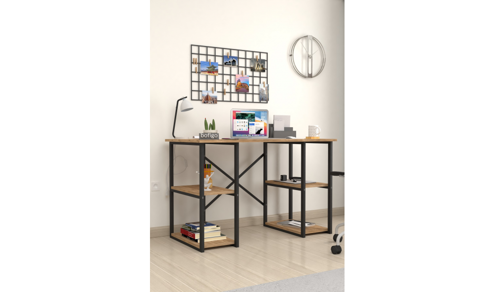 Birou cu 4 rafturi Trendy, cadru metal, 120 x 75 x 60 cm, Stejar