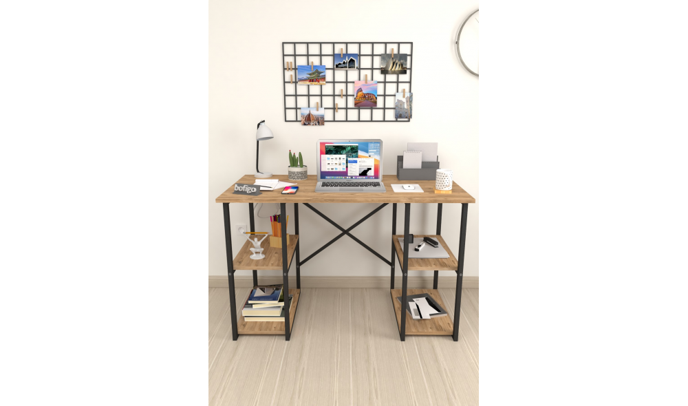 Birou cu 4 rafturi Trendy, cadru metal, 120 x 75 x 60 cm, Stejar