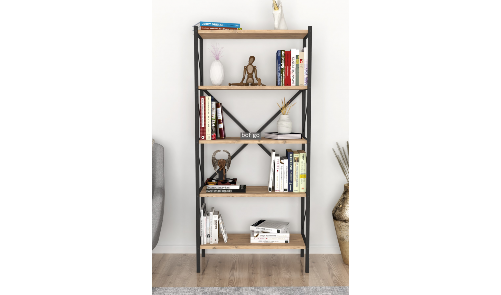 Raft/Biblioteca, cadru Metal Trendy, 160 x 66 x 34 cm, Stejar Raft/Biblioteca, cadru Metal Trendy, 160 x 66 x 34 cm, Stejar