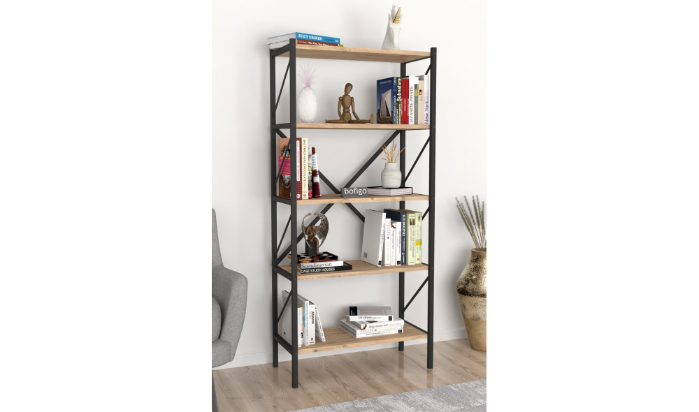 Raft/Biblioteca, cadru Metal Trendy, 160 x 66 x 34 cm, Stejar Raft/Biblioteca, cadru Metal Trendy, 160 x 66 x 34 cm, Stejar