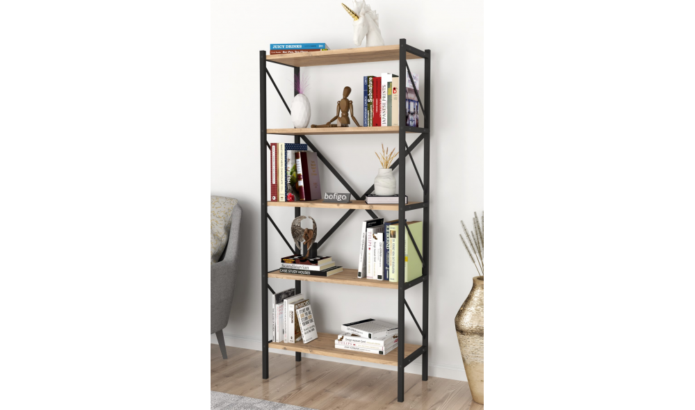 Raft/Biblioteca, cadru Metal Trendy, 160 x 66 x 34 cm, Stejar Raft/Biblioteca, cadru Metal Trendy, 160 x 66 x 34 cm, Stejar