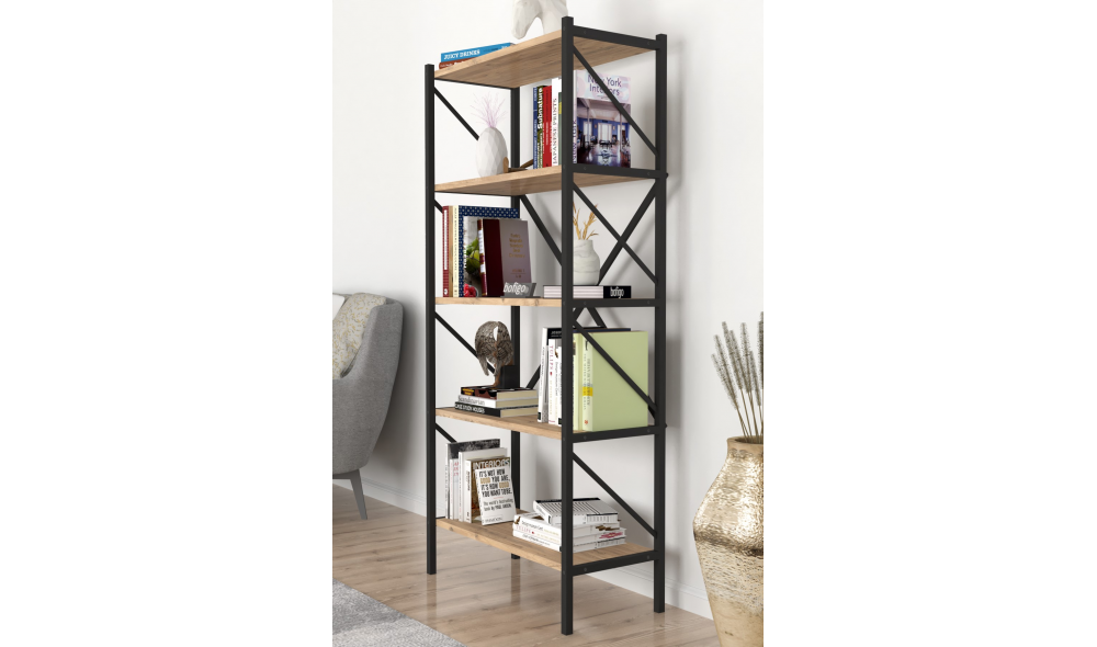 Raft/Biblioteca, cadru Metal Trendy, 160 x 66 x 34 cm, Stejar Raft/Biblioteca, cadru Metal Trendy, 160 x 66 x 34 cm, Stejar