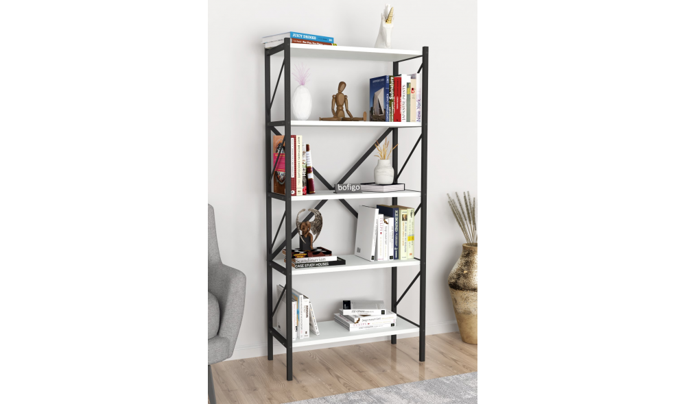 Raft/Biblioteca, cadru Metal Trendy, 160 x 66 x 34 cm, Alb Raft/Biblioteca, cadru Metal Trendy, 160 x 66 x 34 cm, Alb