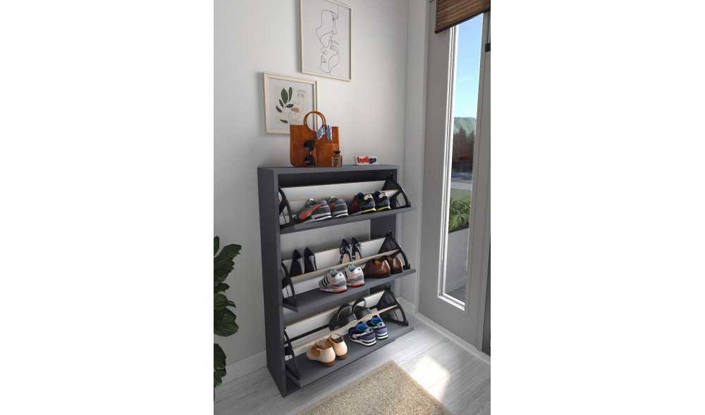 Pantofar cu 3 compartimente Trendy, PAL 18 mm, 73 x 24 x 110 cm, Antracit