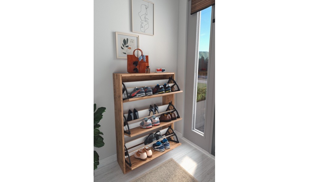 Pantofar cu 3 compartimente Trendy, PAL 18 mm, 73 x 24 x 110 cm, Stejar