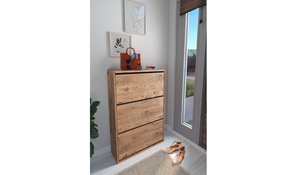 Pantofar cu 3 compartimente Trendy, PAL 18 mm, 73 x 24 x 110 cm, Stejar