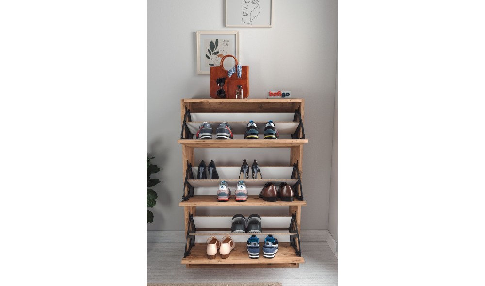 Pantofar cu 3 compartimente Trendy, PAL 18 mm, 73 x 24 x 110 cm, Stejar