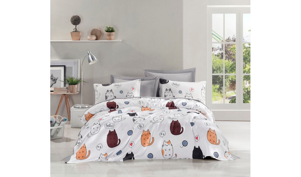 Set lenjerie de pat dublu cu cuvertura, Hello Cats