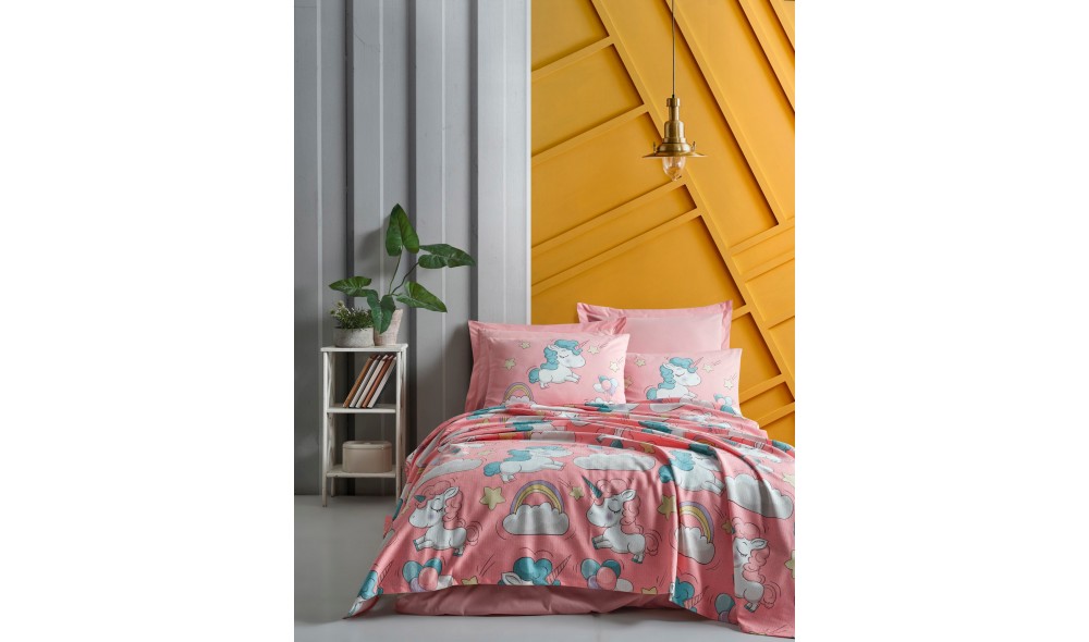 Set lenjerie de pat dublu cu cuvertura, Unicornio - Pink