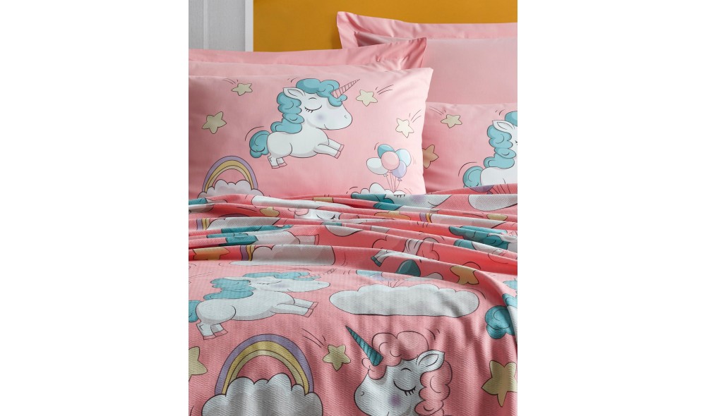 Set lenjerie de pat dublu cu cuvertura, Unicornio - Pink