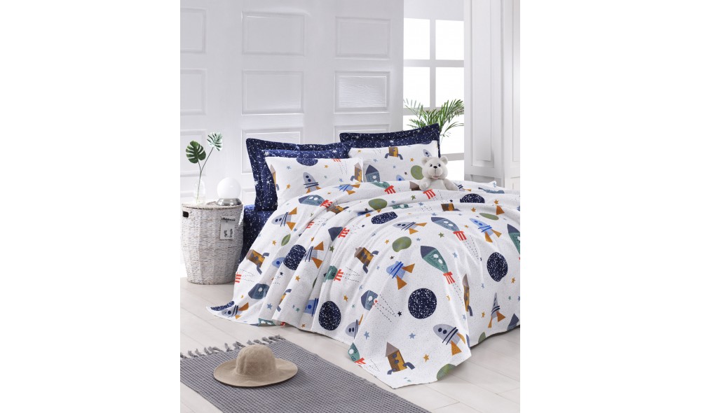Set lenjerie pat pentru copii din pique, Spacex - Dark Blue