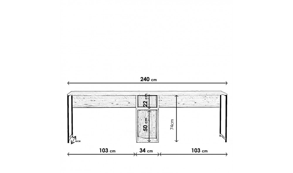Birou de studiu, L196, Stejar, 240 x 74 x 60 cm