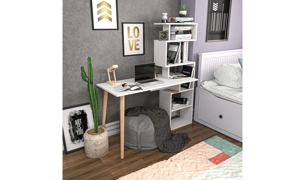 Birou de studiu, Vina, Alb, 133 x 146 x 55 cm
