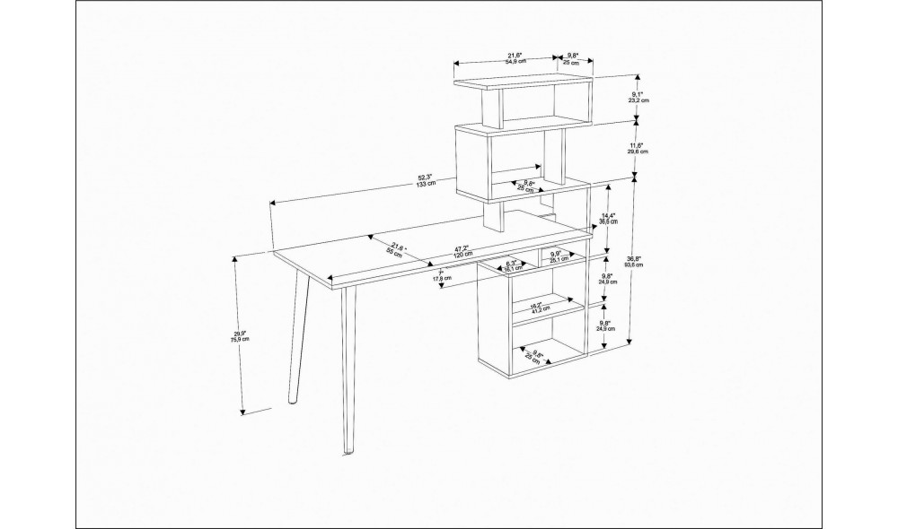 Birou de studiu, Vina, Alb, 133 x 146 x 55 cm