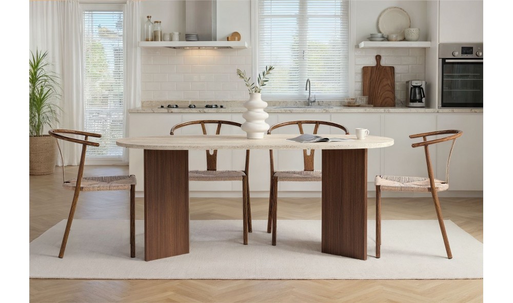 Masa de sufragerie, Sablin - Travertine, Milano Walnut, 180 x 75 x 90 cm