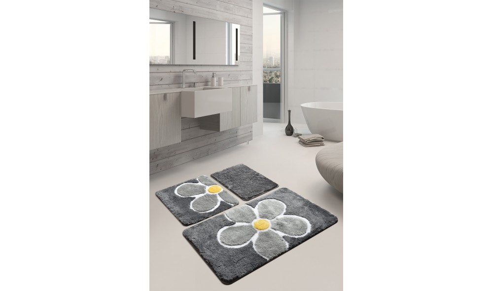 Set covoras de baie (3 piese), Flower - Grey