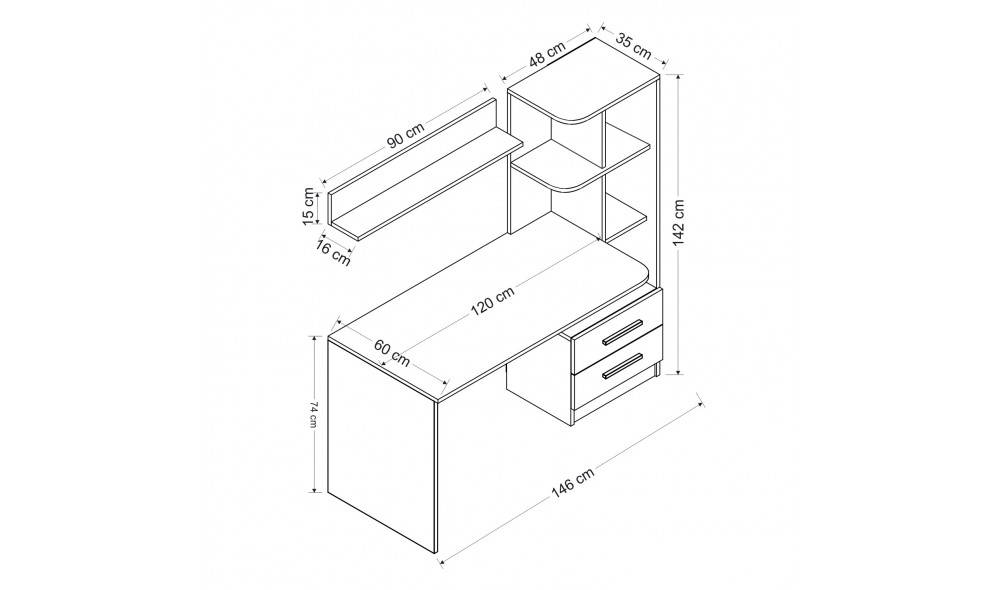 Birou de studiu, Alaska, AlbNegru, 120 x 74 x 60 cm