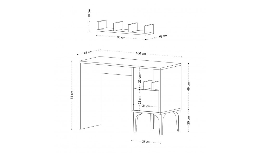 Birou de studiu, Olla, Stejar, 74 x 100 x 45 cm
