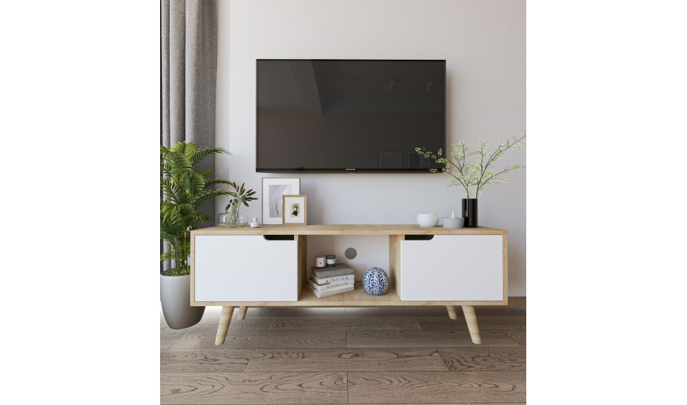 Comoda TV, Siena - Sapphire Oak, White, 139,7 x 53 x 53 cm