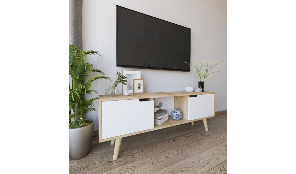 Comoda TV, Siena - Sapphire Oak, White, 139,7 x 53 x 53 cm