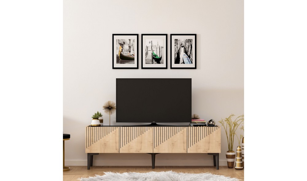 Suport TV, Draw, Stejar safirMarmura neagra, 154 x 45 x 37 cm