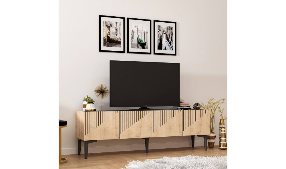 Suport TV, Draw, Stejar safirMarmura neagra, 154 x 45 x 37 cm