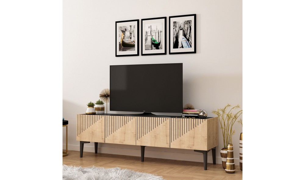 Suport TV, Draw, Stejar safirMarmura neagra, 154 x 45 x 37 cm