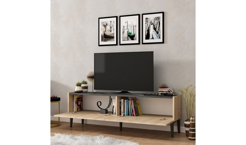 Suport TV, Draw, Stejar safirMarmura neagra, 154 x 45 x 37 cm