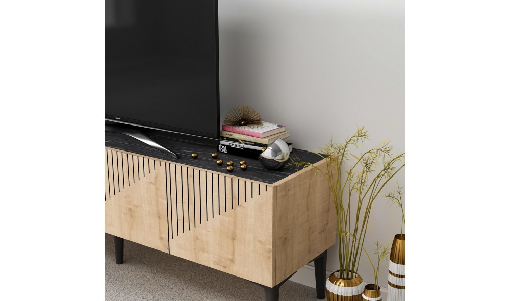 Suport TV, Draw, Stejar safirMarmura neagra, 154 x 45 x 37 cm