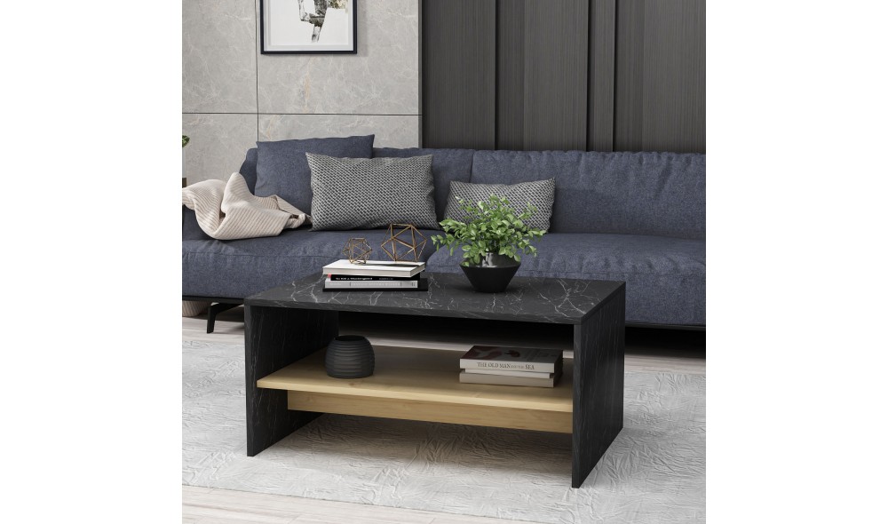 Masuta de cafea, Apollon, NegruMarmuraStejar safir, 90 x 47 x 45 cm