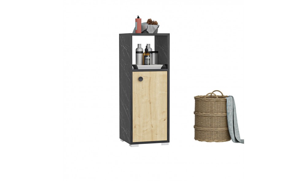 Dulap de baie, Ahu, NegruMarmuraStejar safir, 35 x 99 x 35 cm