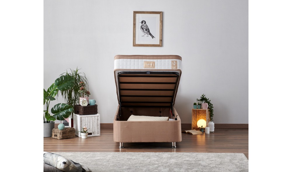 Pat de o persoana cu saltea, Latte - 120x200 cm, Maro deschis