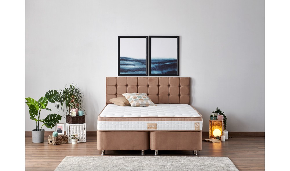 Pat dublu cu saltea, Latte - 140x190 cm, Maro deschis