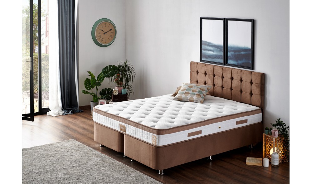 Pat dublu cu saltea, Latte - 180x200 cm, Maro deschis