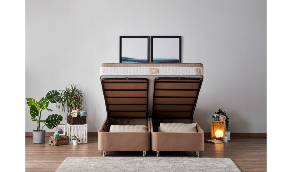 Pat dublu cu saltea, Latte - 180x200 cm, Maro deschis