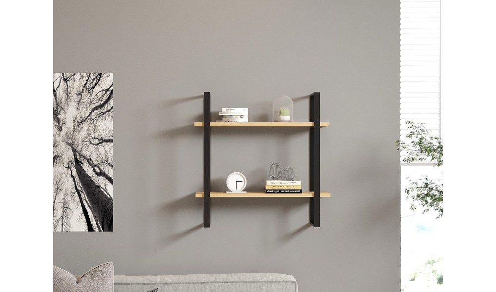 Raft de perete, Buba, Stejar safirNegru, 70 x 70 x 22 cm