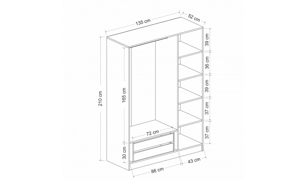 Dulap pentru haine, Kale White - 2250, 135 x 210 x 52 cm