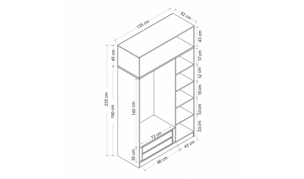 Dulap pentru haine, Minar 3 Kapak 2 235 - Antracit, 135 x 235 x 52 cm