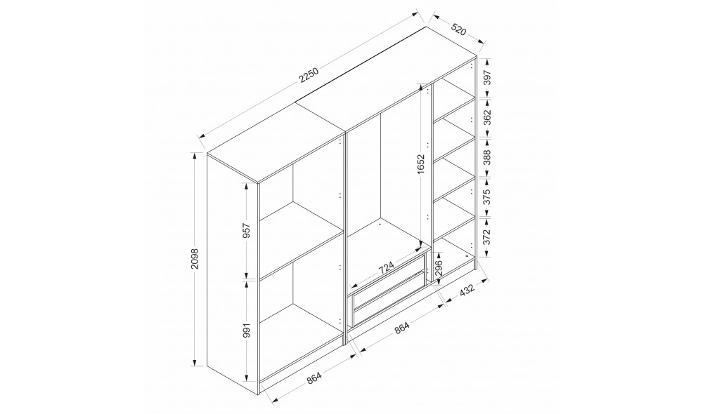 Dulap pentru haine, Kale - 6091, 225 x 210 x 52 cm