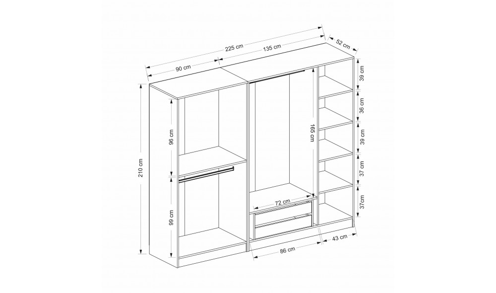 Dulap pentru haine, Kale - 6636, 225 x 210 x 52 cm