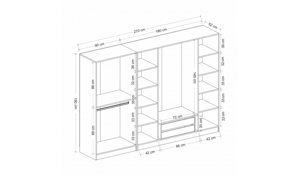 Dulap pentru haine, Kale - 6653, 270 x 190 x 52 cm