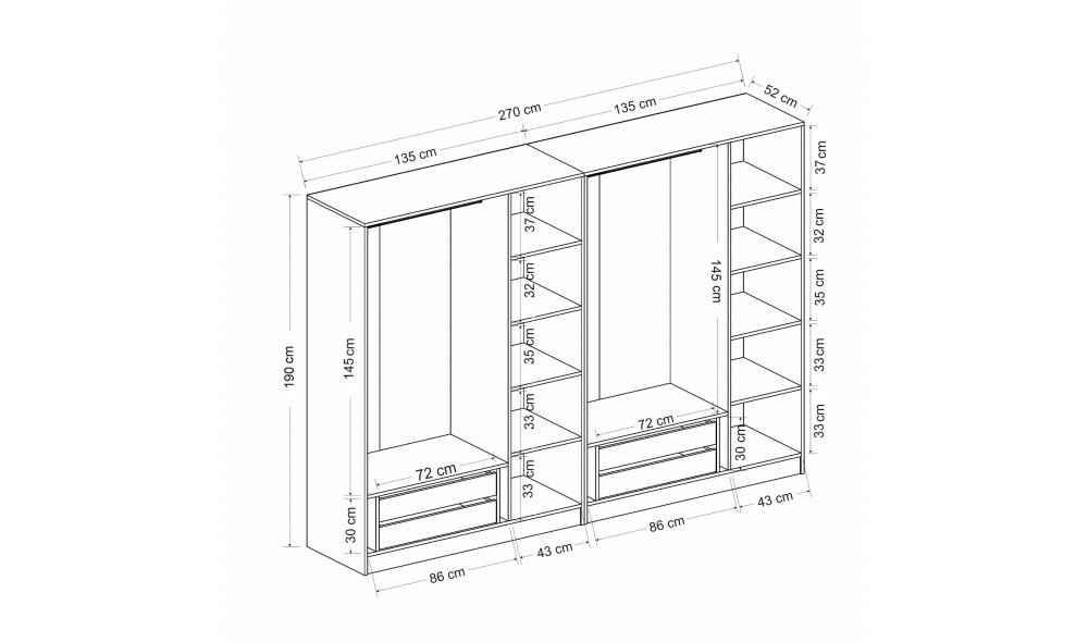 Dulap pentru haine, Kale - 6664, 270 x 190 x 52 cm