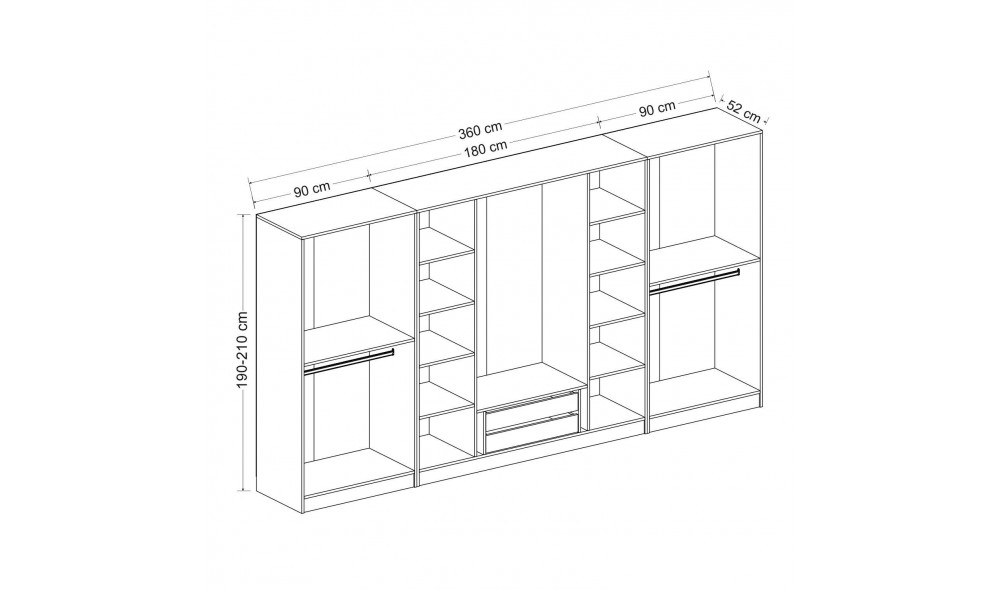 Dulap pentru haine, Kale - 7544, 360 x 190 x 52 cm