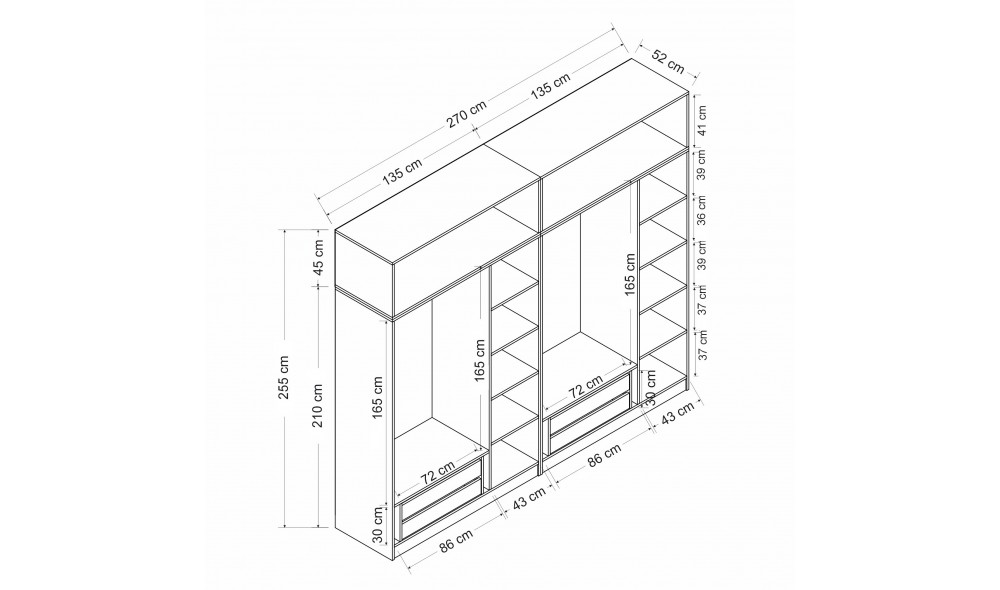 Dulap pentru haine, Kale - 5229, 270 x 255 x 52 cm