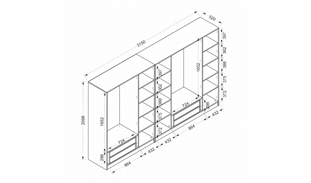 Dulap pentru haine, Kale - 6095, 315 x 210 x 52 cm