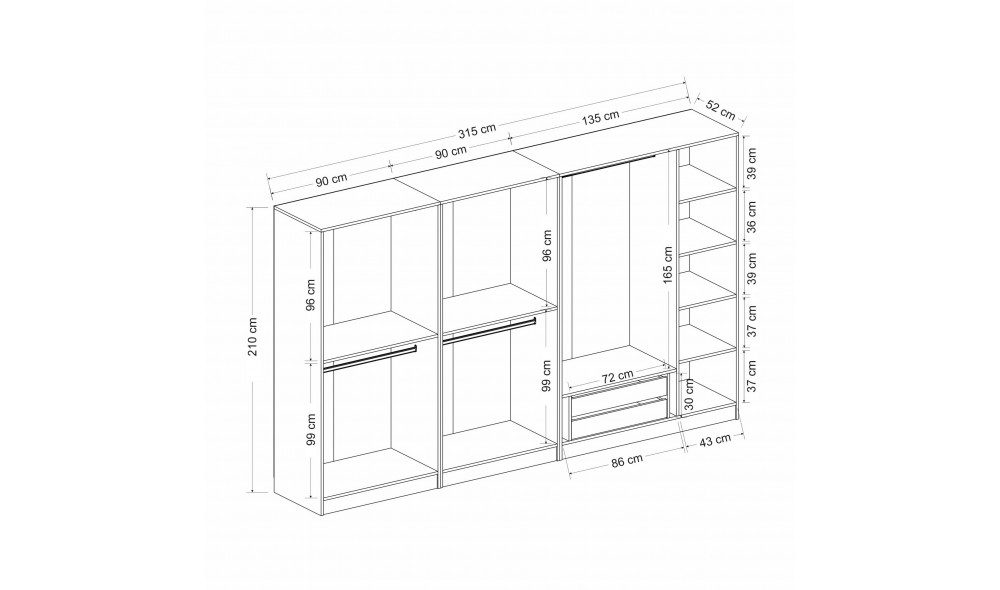 Dulap pentru haine, Kale - 6639, 315 x 210 x 52 cm