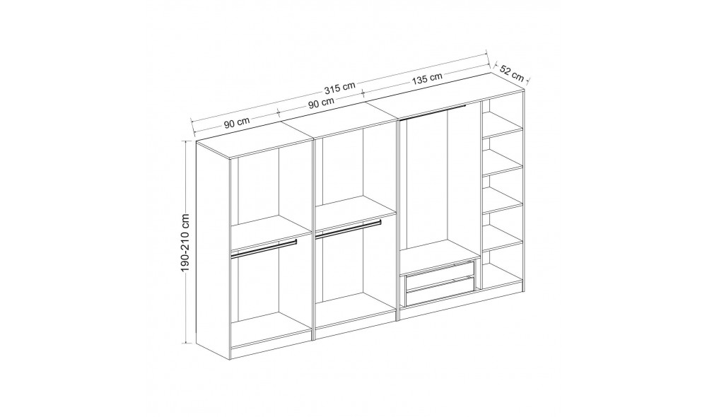 Dulap pentru haine, Kale - 7652, 315 x 210 x 52 cm