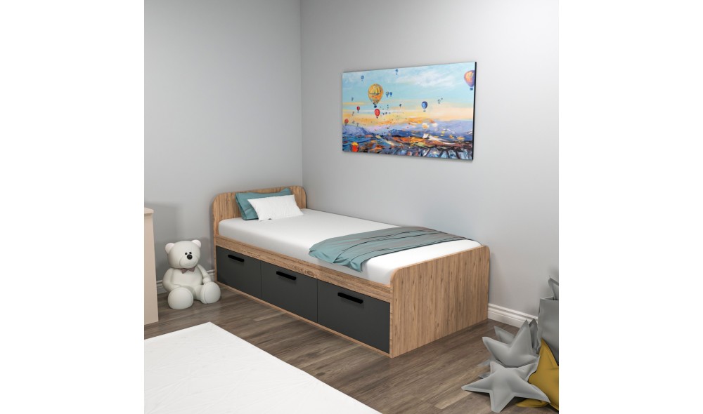 Pat de o persoana, Akser - 90x190 cm, Pinul AtlanticAntracit