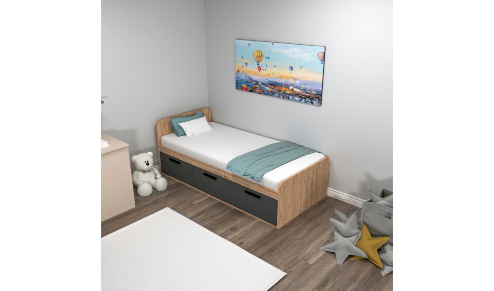 Pat de o persoana, Akser - 90x190 cm, Pinul AtlanticAntracit